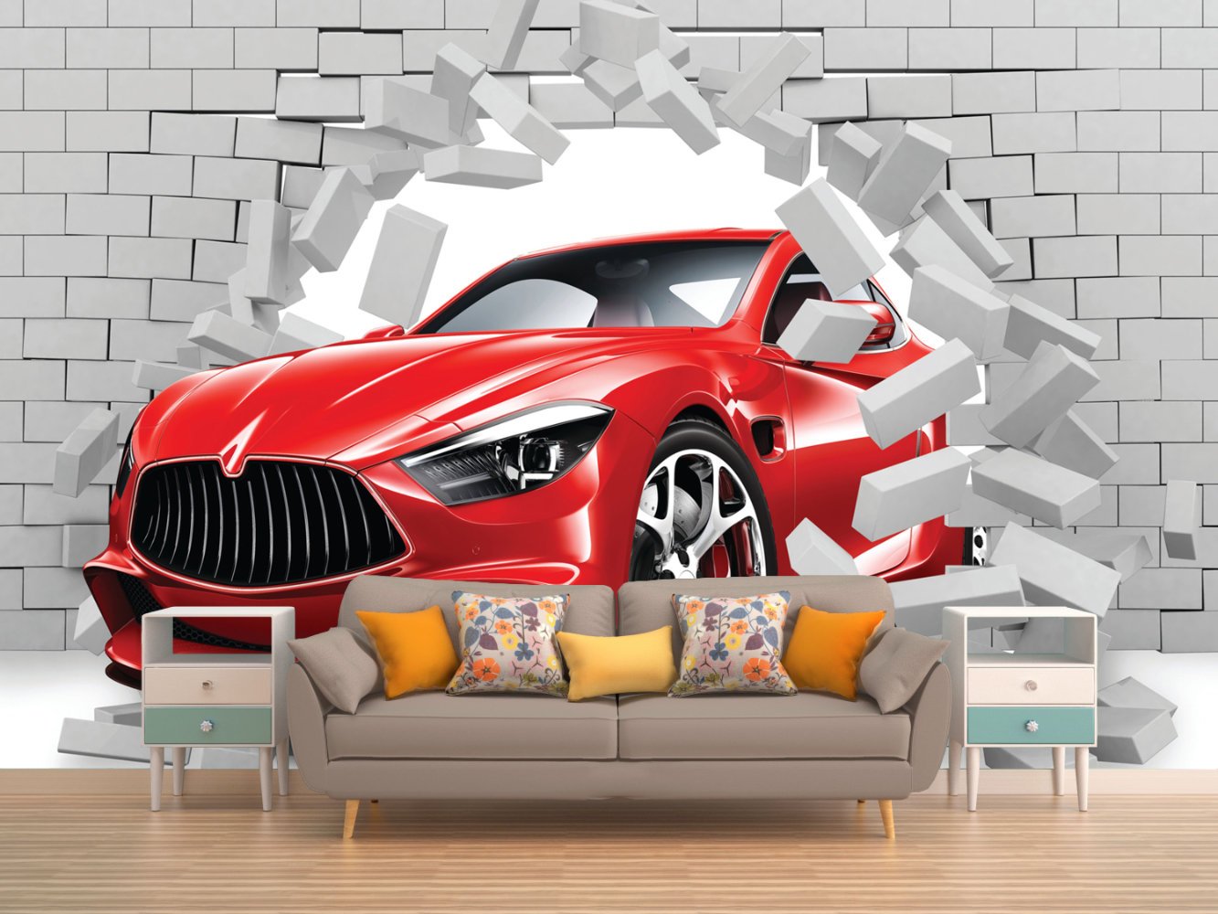 3D Araba Desenli Duvar Kumaşı - Görsel 4